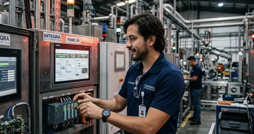 Arquitectura de planta con sensores, PLC y redes industriales integradas para monitoreo y operación automatizada en tiempo real.