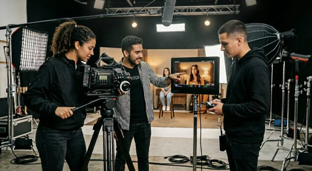 El entorno actual para estudiar producción audiovisual implica un set de grabación con cámara, iluminación y algún monitor de edición