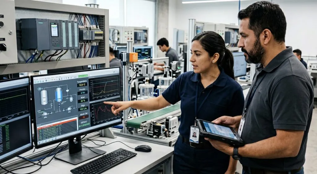 Especialistas analizan variables de control industrial y redes industriales en laboratorio de automatización aplicada y supervisión SCADA.