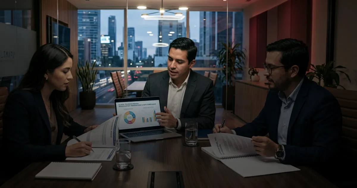 Especialistas analizando documentación tributaria y metodología de precios en entorno corporativo y fiscal internacional.