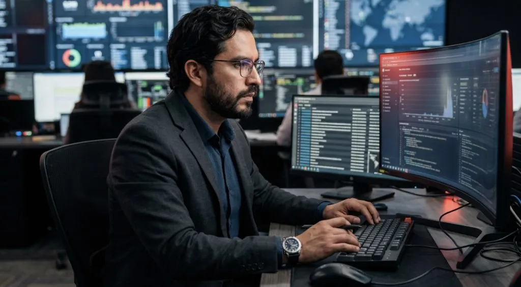 Pantallas con monitoreo de ciberseguridad y análisis de datos utilizados en la gestión de riesgos digitales y evidencia forense.