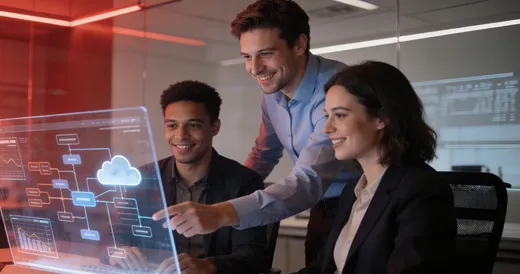 Visualización de arquitectura cloud con redes, almacenamiento y procesamiento distribuidos en infraestructura tecnológica moderna.
