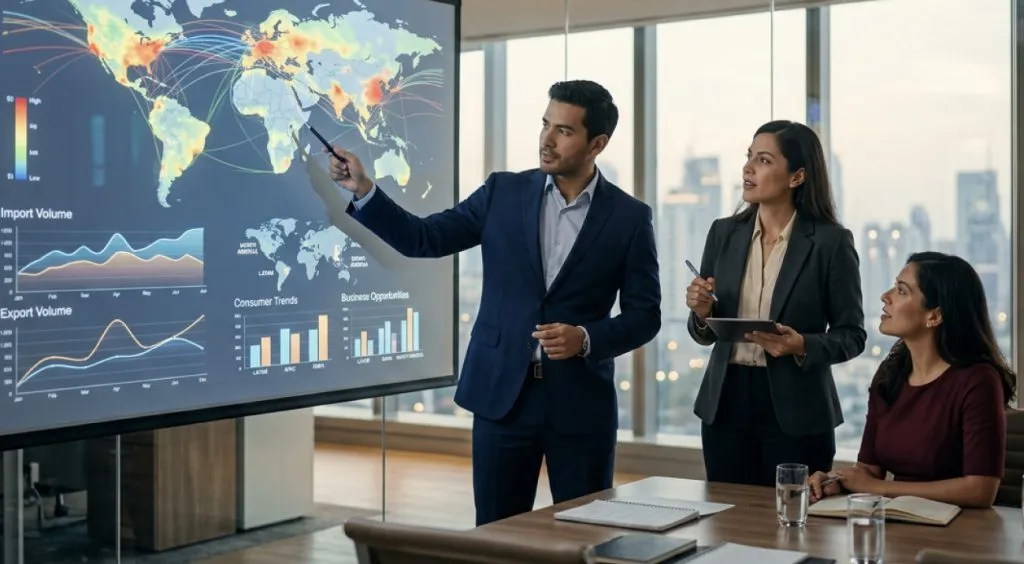 Visualización de rutas comerciales y análisis de mercados globales aplicados al desarrollo de negocios y expansión empresarial internacional.