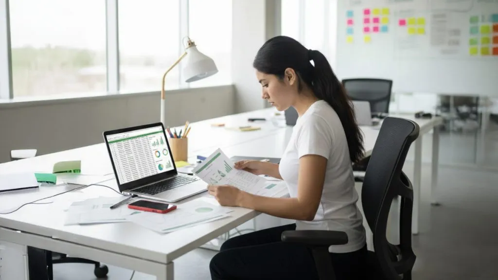Emprendedora utilizando Excel para realizar análisis de datos y optimizar procesos en su PyME. 