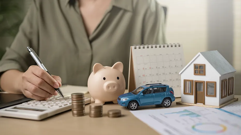 Mujer con una casa y un coche de juguete frente a una hucha de cerdito y monedas, simbolizando el control de gastos personales y la planificación financiera. 