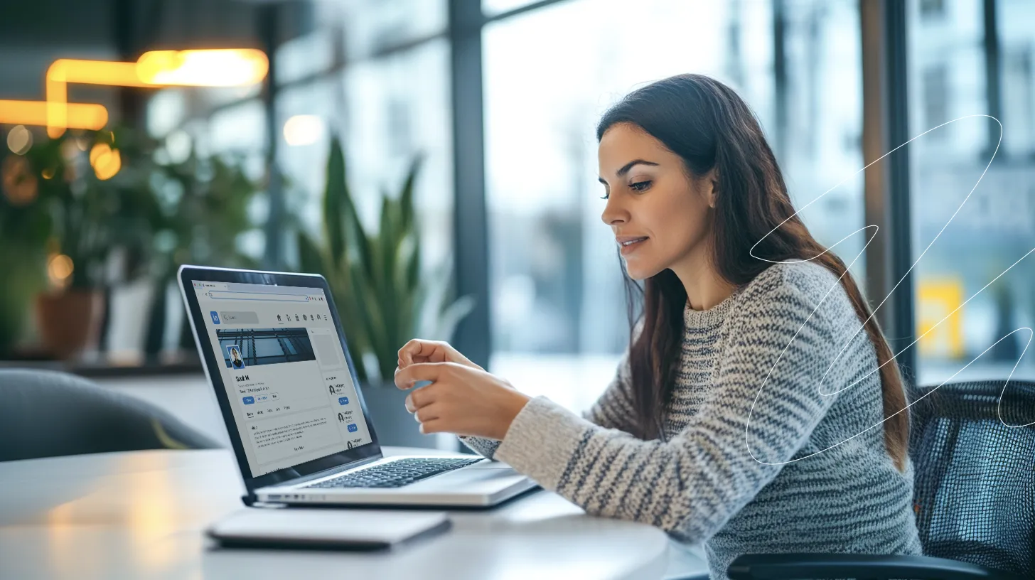 Una profesional actualiza su perfil laboral en linkedin después de estudiar virtual una maestría personalizable