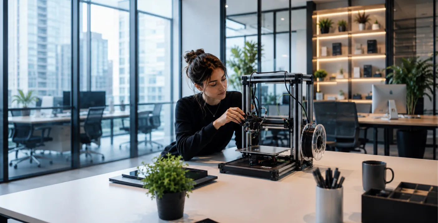 Estudiante ajusta una impresora 3D durante una práctica de fabricación digital, mostrando cómo la ingeniería virtual integra herramientas tecnológicas para el aprendizaje y el desarrollo de proyectos de ingeniería.
