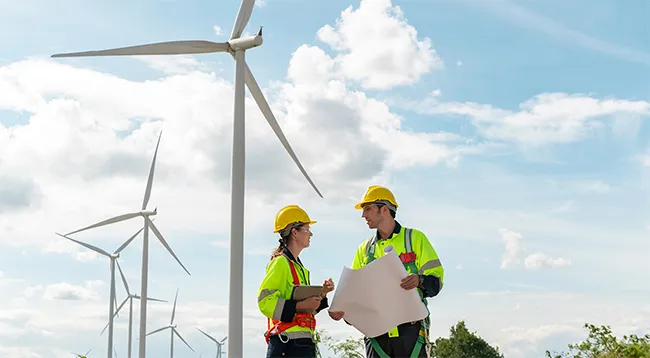 Profesional con turbinas eólicas al fondo, representando sostenibilidad y energía renovable.