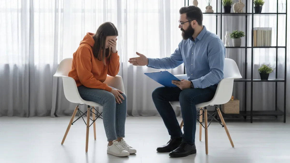 Profesional de la salud acompañando a una mujer en un momento de angustia, mostrando cómo la empatía emocional fortalece la atención y el abordaje de los desafíos en la salud pública actual.