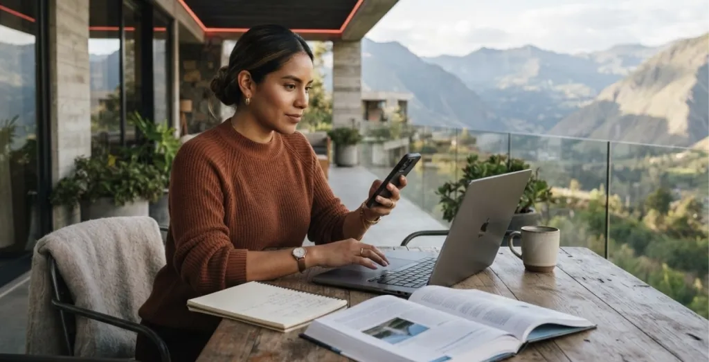 Persona observa un paisaje montañoso mientras utiliza un teléfono móvil, representando cómo la transformación digital facilita la conectividad y el acceso a la información desde cualquier lugar. 